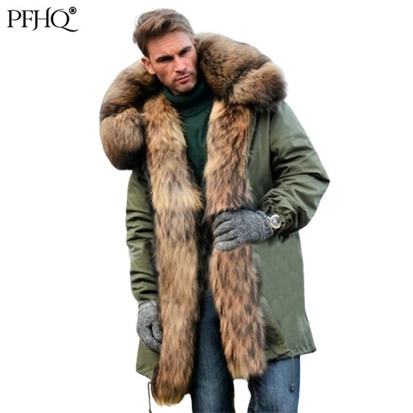 

mens fur faux pfhq fashion imitation hooded long coat thicken warm outdoor jacket collar winter casual clothes 2201006, Black