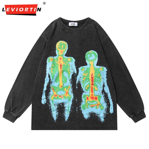 

men's t-shirts men t-shirt streetwear hip hop vintage skeleton skull print oversized punk gothic distressed long sleeve tshirt tee shir, White;black