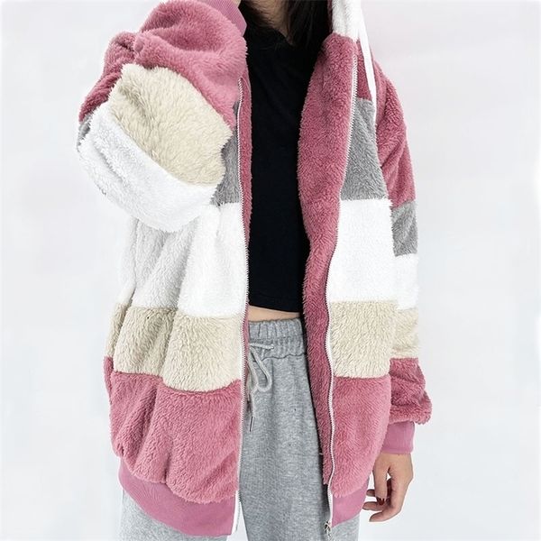 

women's hoodies sweatshirts europe and the united states autumn and winter warm plush and zipper pocket hooded loose jacket women 22100, Black