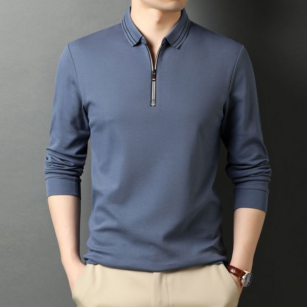 

men's polos 100 cotton zipper collar polo shirt men long sleeve solid color business polos brand hight quality poloshirt blue black gre, White;black