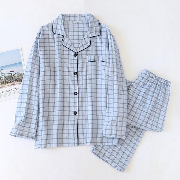 

men's sleepwear japanese spring and autumn men's cotton lapel long sleeved trousers simple plaid home pajama set plus sizemen paja, Black;brown