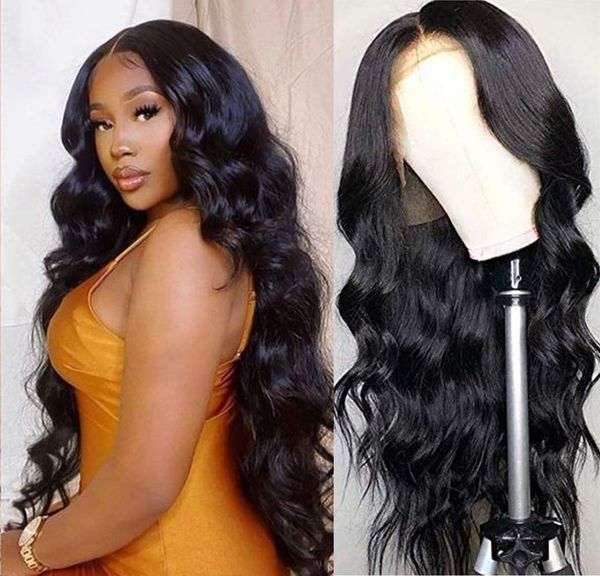 

body wave lace wigs for women glueless long wavy synthetic lace wig pre plucked with baby hair heat resistant fiber wig partyfactory direct, Black
