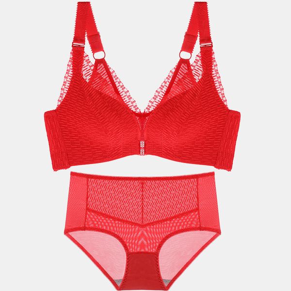 

bras sets front button plus size bra fat mm big cup underwear set lingerie women adjustable beauty back 221007, Red;black