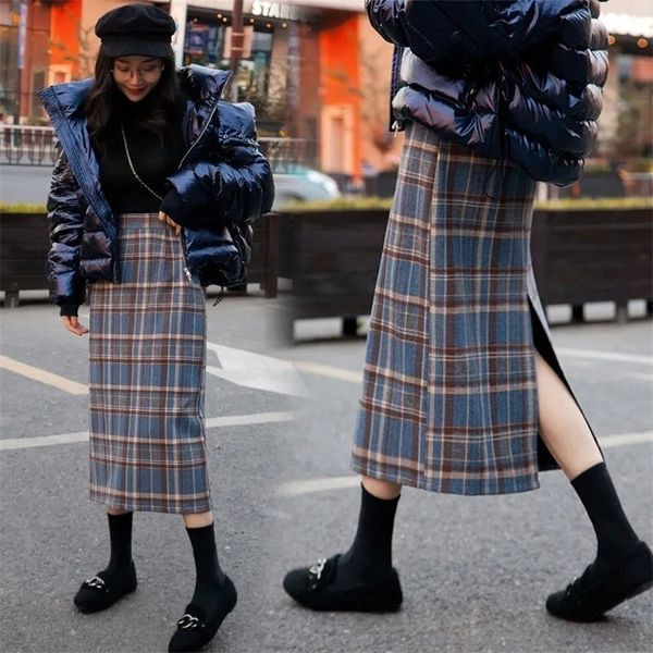 

skirts lucyever korean high waist women's plaid autumn winter vintage mid-long a-line female fashion split one-step 221007, Black