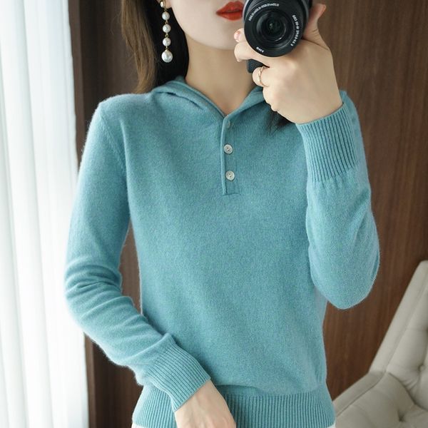 

women's knits tees spring and autumn women sweater cashmere wool blend pullover hooded collar coat casual knit jacket sweater 221007, White