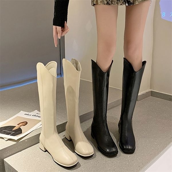

boots womens fashion heels square toe knee autumn fleece warm midheel knight 221007, Black