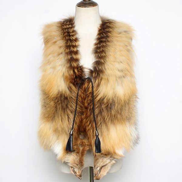 

women's fur faux lady real vest 100 natural fluffy red waistcoat women warm fashion casual sleeveless jacket 221006, Black