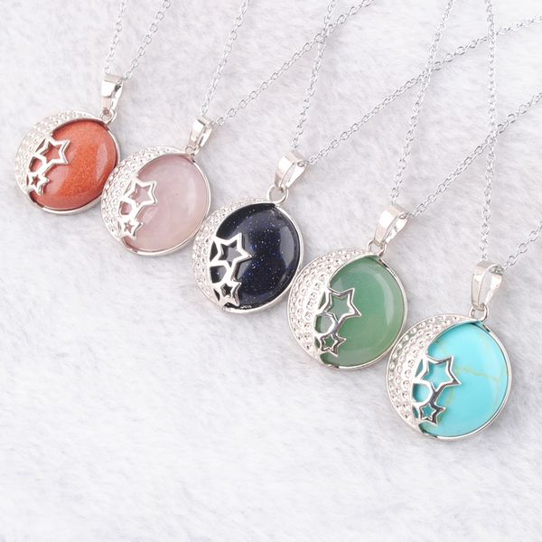 

natural stone pendant & necklace for women yoga jewellery beads semicircle moon stars back hollow chain 45cm bn367, Silver