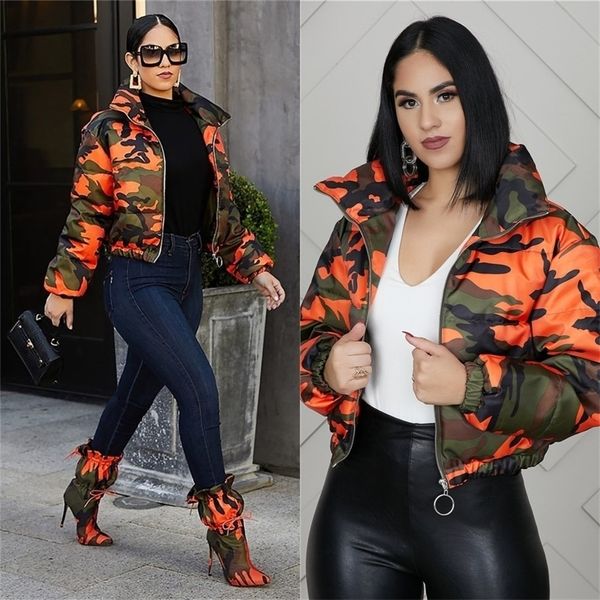 

women's down parkas winter women short high collar full sleeve zipper camouflage print coat street outer night club jacket 221007, Black