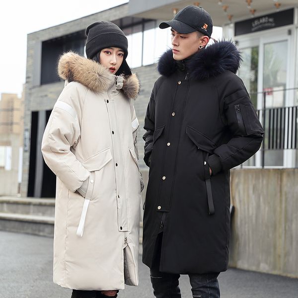 

men winter jacket parkas with hood fur collar long overcoat men streetwear coat padded korean fashion, Black