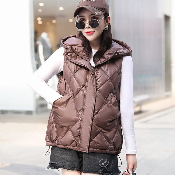 

women's vests large size short cotton autumn and winter korean version bright leather hooded warm 221007, Black;white