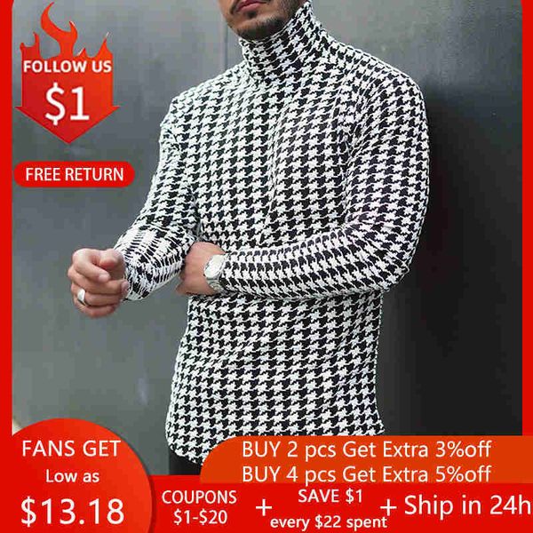 

men's t-shirts houndstooth print men t-shirt turtleneck long sleeve casual thin autumn winter 2021 basic t shirts men's pullover, White;black