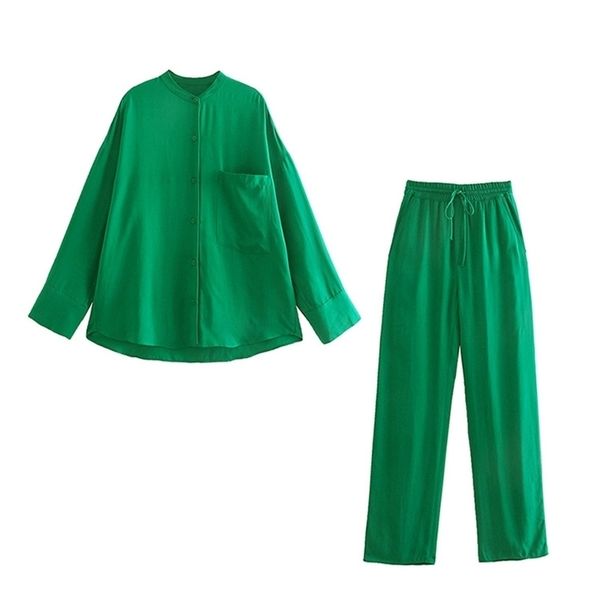 

women's two piece pants traf women fashion with pockets loose cozy blouses and high elastic waist drawstring straight pants female sets, White
