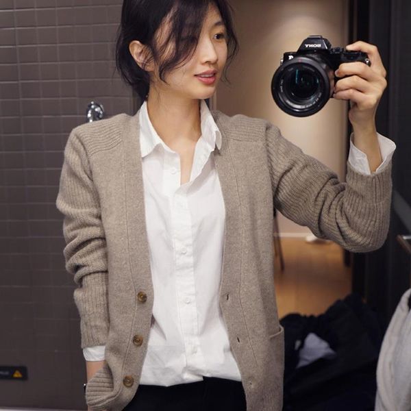 

women's knits tees arrival wool knit cardigan cashmere sweater vneck short paragraph loose longsleeved coat solid color thickening 2210, White
