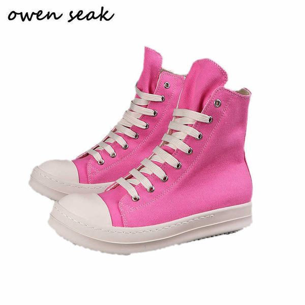 

owen seak men casual canvas shoes luxury trainers ankle lace up women sneaker zip high-hip hop streetwear flats pink boots, Black