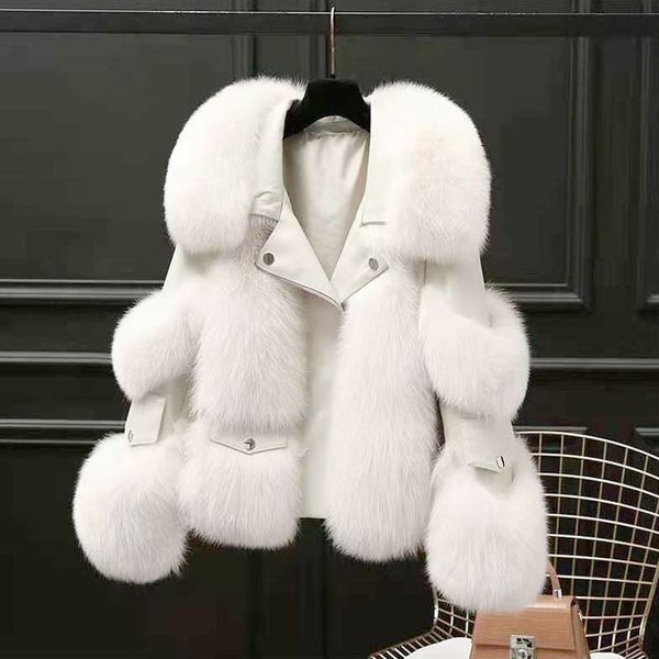 

women coat thanksgiving gift winter faux fox fur splicing leather outdoor leisure fashion street slong sleeve coats khaki grey white and bla, Black