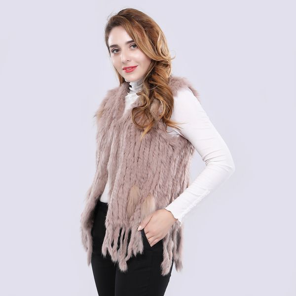 

women's fur faux real rabbit vest women knitted tassel waistcoat fashion 100 natural genuine sleeveless coat wholesale retail 221006, Black