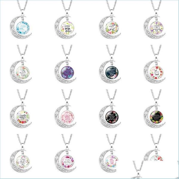 

pendant necklaces 17 colors religion bible verses necklace women glass cabochon moon christians scripture letter flower pendant chain dhiqo, Silver