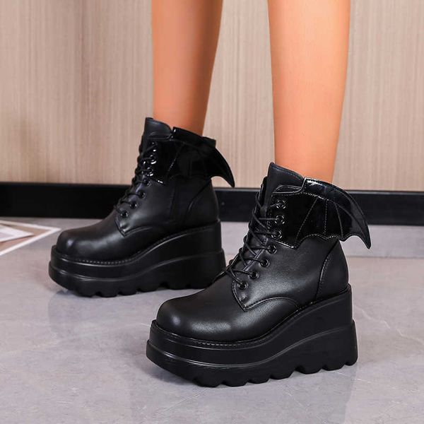 

boots luxury brand new ladies high platform boots fashion vampire wings wedges high heels ankle boots women party goth shoes woman j220923, Black