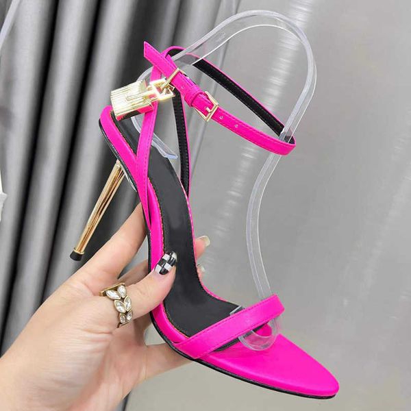 

2022 spring and summer metal padlock narrow word band high-heeled sandals .5cm women's leather luxury designer high-heeled shoes orig, Black