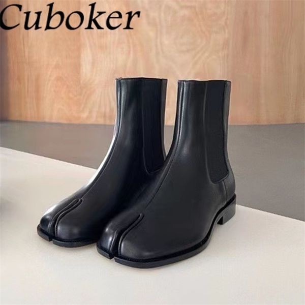 

boots genuine leather women ankle black split toe motorcycle for men runway couple womens botas 221007