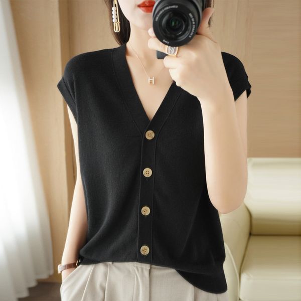 

women's vests 3927 knitwear cardigan sweater vest women solid color sleeveless waistcoat elegant women's knitted vest slim vneck w, Black;white