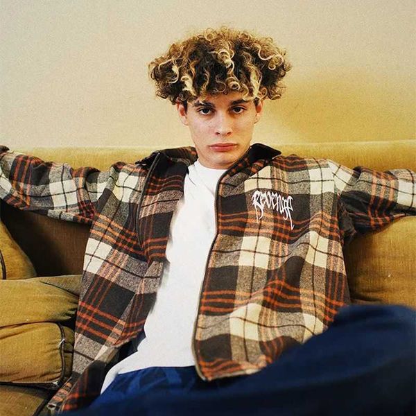 

european and american trend revenge flannel heavy industry embroidered zipper plaid shirt coat for men women, Black;brown