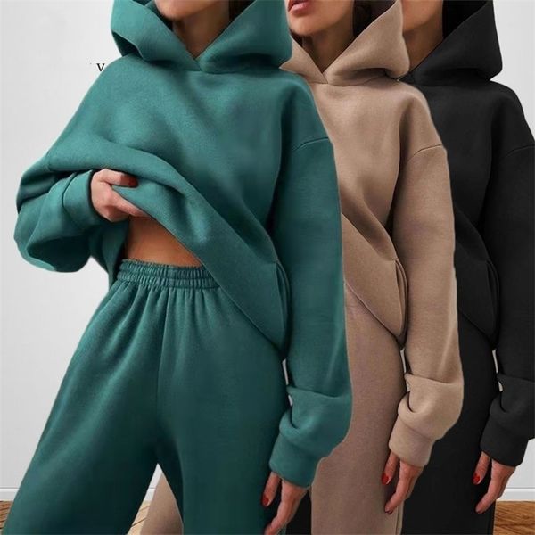 

women's two piece pants women's tracksuit casual solid long sleeve hooded sport suits autumn warm hoodie sweatshirts and long pant, White