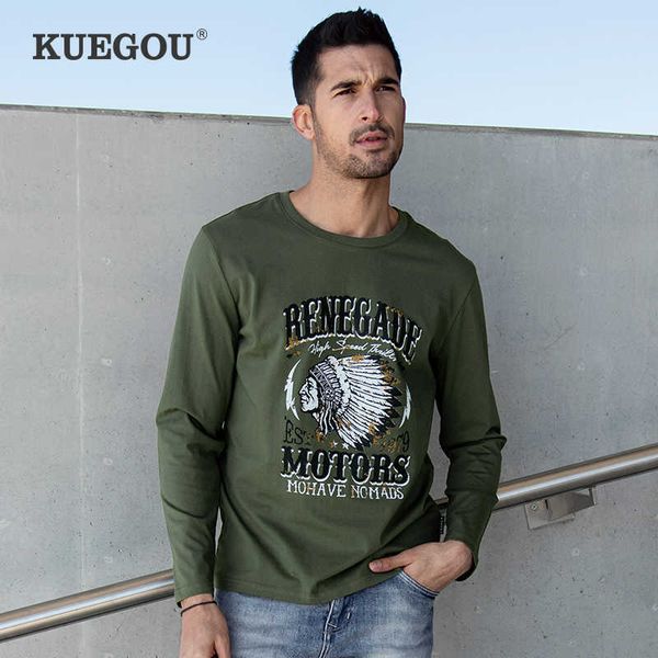 

men's t-shirts kuegou cotton spring fashion tees mens t-shirt long sleeve vintage print tshirt army green plus size 88109 t221007, White;black