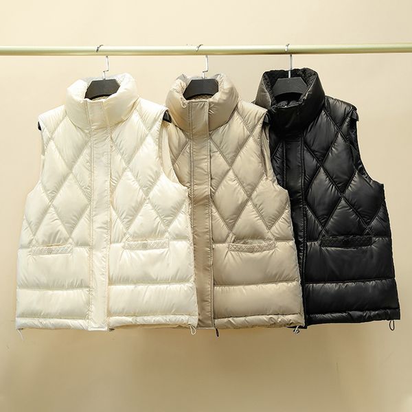 

women's vests light and thin korean version bright short outer wear vest stand collar allmatch casual vest down cotton vest women 22100, Black;white