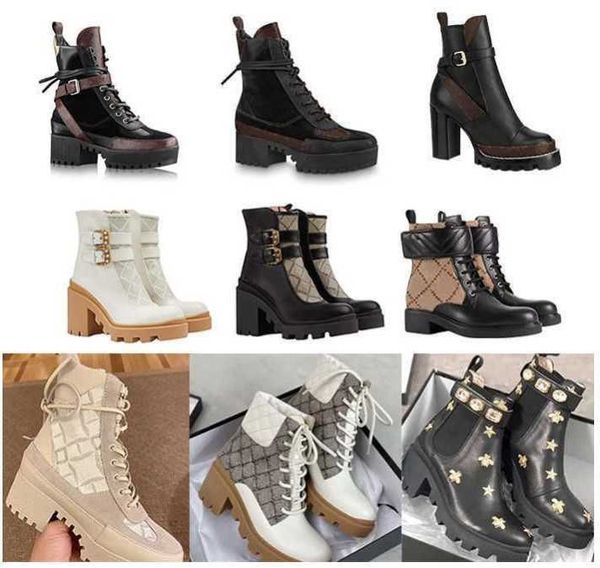 

women ankle boot designer luxury martin desert boots beige ebony genuine leather quilted lace-up winter shoes rubber lug sole, Black
