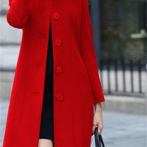 

women's wool blends 1pcs/lot luxury style wool coat autumn winter mid-length single-breasted slim blended woolen overcoat red blue blac, Black
