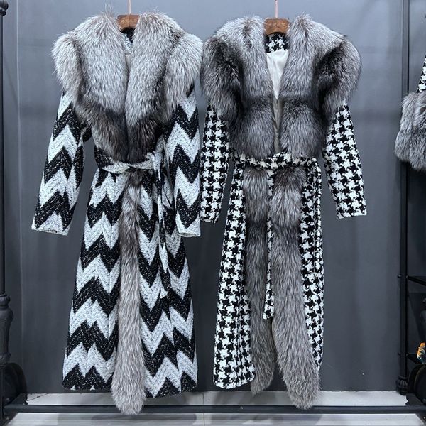 

women's fur faux luxury women winter coat x long thick warm outwear with real big silver collar trim natural plaid jacket 221006, Black