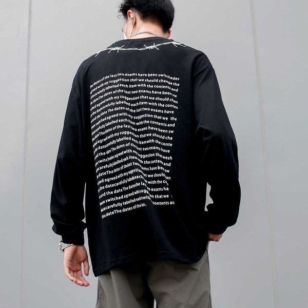 

men's t-shirts 8809 maletshirt chic streetwear hip hop neck thorns embroidery letter printing long-sleeved t-shirt male brand pullovers, White;black