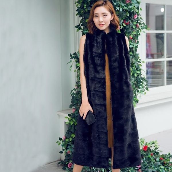 

women's fur faux original wsr396 standard genuine rabbit long vest with striped cut natural gilet for women autumn winter 221006, Black