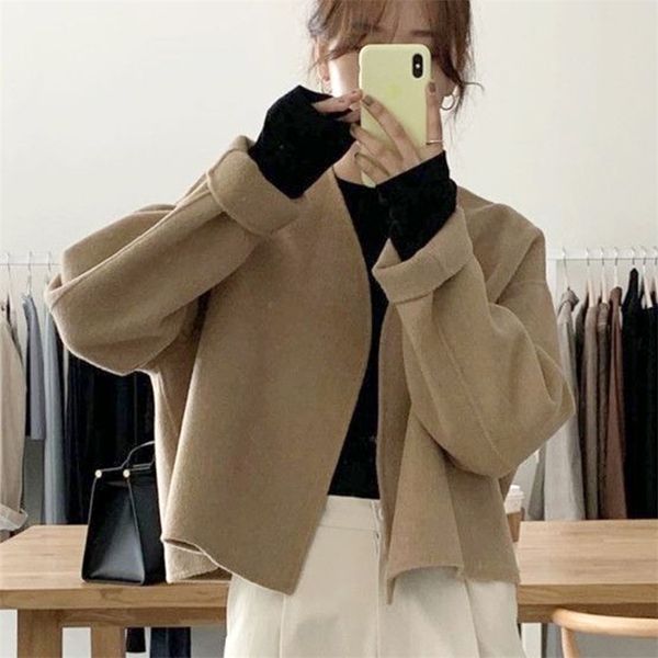 

womens wool blends chaquetas para mujer khaki quilted coat short wool blends v neck long sleeve winter jacket women woolen jaqueta feminina, Black