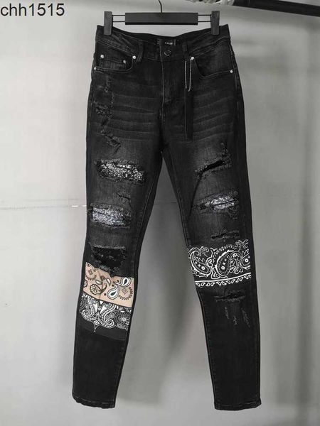 

korean version of high street trendy man amirs black cashew nut pattern back pocket hole patch micro elastic jeans men's pants, Blue