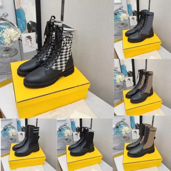 

rockoko boots martin boot fabric shoes booties brand letter leather biker knit stretch winter platform mid-r women combat f ankle with box, Black