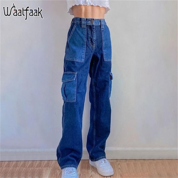 

waatfaak straigh leg blue y2k jeans patchwork denim high waist ladies cargo pants women long baggy jeans womens 90s vintage 201223265g