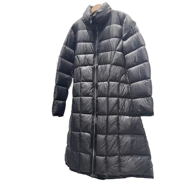 

designer womens down and parkas plaid medium long knee stand neck slim fit embroidered badge lightweight down coat, Black