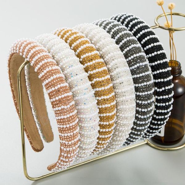 

fashion women headband shining rhinestone baroque hairband handmade beaded turban hair accessories, Slivery;white