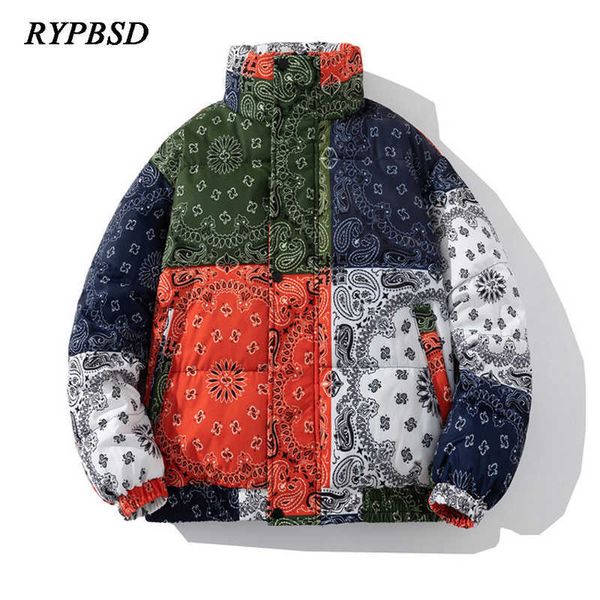 

men's down parkas bandana coats paisley windproof puffer jacket men 2022 winter fashion warm padded parka casual zipper harajuku bubble, Black
