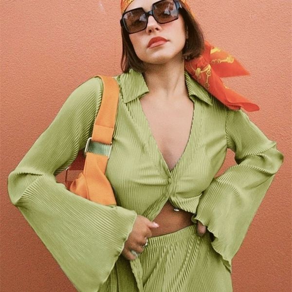 

women's two piece pants bclout autumn green pants suits woman flare sleeve fashion loose shirts pleated pants set two pieces fashion wo, White