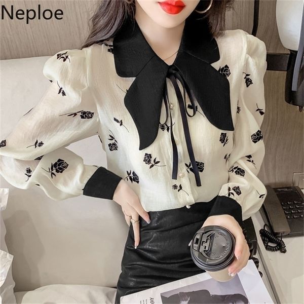 

womens blouses shirts neploe elegant chic bow floral temperament blusas de mujer sweet puff sleeve chiffon 99058 221007, White