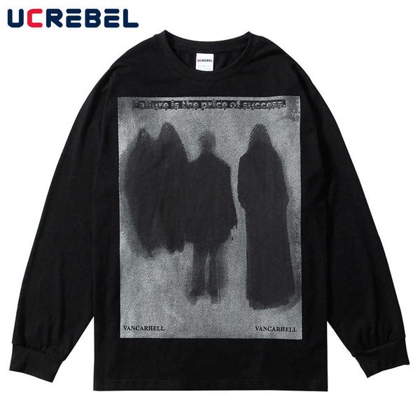 

men's t-shirts demon print long sleeve t-shirt mens high street crew neck cotton tee streetwear loose casual t shirt men t221007, White;black