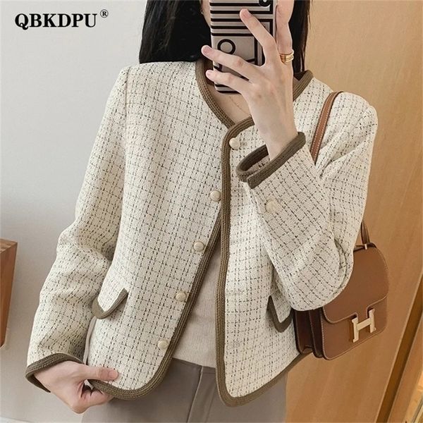 

womens jackets spring casual plaid tweed jacket women korean round neck single breasted short coat fashion long sleeve outerwear chaqueta mu, Black;brown