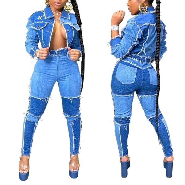 

women's jeans women high waist ripped destroyed pants demin patchwork bodycon tassels slim pencil club 221007, Blue