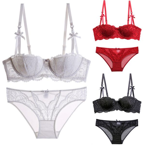 

bras sets 2pcs push up vine jacquard lingerie panties underwear lace bow knot ultra thin abcde cup 221006, Red;black
