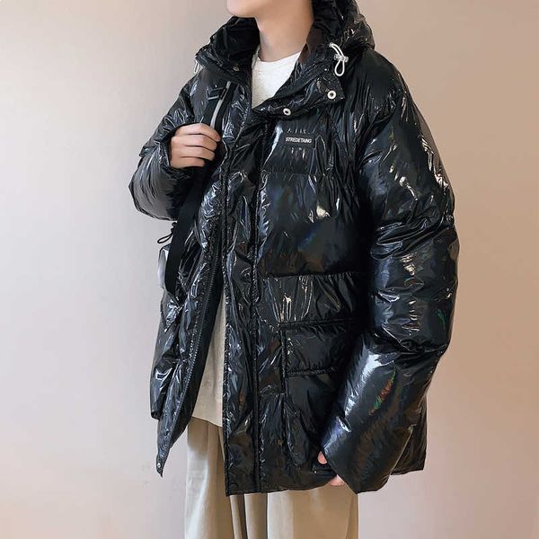 

men's down parkas hip hop oversized mens pu leather parkas jacket streetwear harajuku cotton padded warm outwear t221006, Black