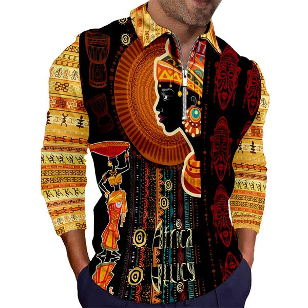 

men's polos african dashiki print men's polo shirt autumn fashion turn down collar long sleeve zipper men's traditional folk, White;black